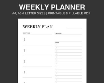 Planificador de comidas semanal imprimible: Lista de la compra, tamaños A4/A5/Carta (Plantilla rellenable)