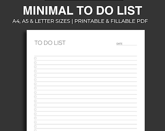 Lista de tareas minimalista imprimible: tamaños A4, A5 y carta (rellenable y descarga instantánea)