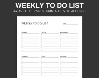 Lista de tareas semanales imprimible: tamaños A4, A5 y Carta (PDF rellenable)