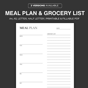 Plan de repas hebdomadaire avec liste de courses, plan de menus sur 7 jours, planificateur de nourriture, santé et forme, A4/A5/Lettre/demi-format imprimable et à remplir