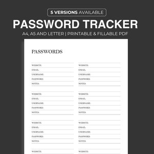 Password Tracker Printable & Fillable PDF |   Password Keeper, Password Organizer, Password Log  | A4/A5/Letter Size |  Instant Download PDF