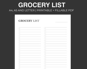 Plantilla de lista de compras imprimible: Planificador de compras rellenable (A4/A5/Carta) (Descarga digital)