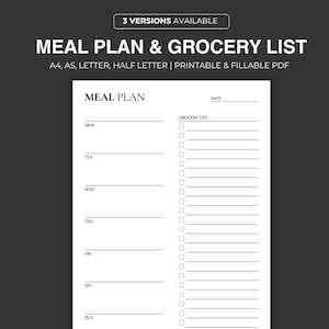 Wydrukuj tygodniowy plan posiłków i listę zakupów, 7-dniowy plan menu, planer żywieniowy, zdrowie i fitness, A4/A5/Letter/Half Size, wypełnialny PDF