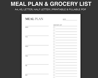 Planificador de comidas semanal imprimible: Lista de la compra, tamaños A4/A5/Carta (PDF rellenable)