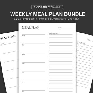 Ensemble de plans de repas hebdomadaires avec liste de courses, plan de menus sur 7 jours, planificateur d'alimentation, santé et forme, A4/A5/Lettre/demi-PDF imprimable et à remplir