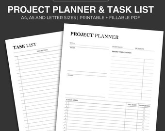 Planificador de proyectos imprimible: Lista de tareas y cronograma (PDF rellenable)