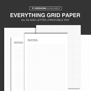 May include: A set of printable grid paper in A4, A5, and Letter sizes. The paper has a grid pattern and the word "NOTES" is written at the top of each sheet.