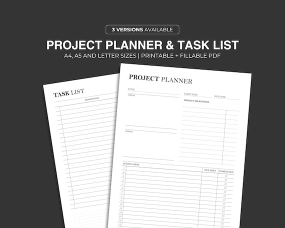 Project Planner & Task List: Printable Fillable PDF (A4/A5/Letter Sizes)