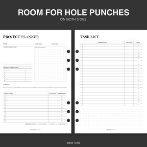 Op de afbeelding: Een zwart-witte printbare plannerpagina met de titel "Project Planner" aan de linkerkant en "Taaklijst" aan de rechterkant. De plannerpagina heeft secties voor titel, doelen en doelstellingen, projectmijlpalen, tijdlijn, actiestappen, vervaldatum, voltooid en projectstatus. De takenlijst heeft secties voor beschrijving, vervaldatum en gedaan.