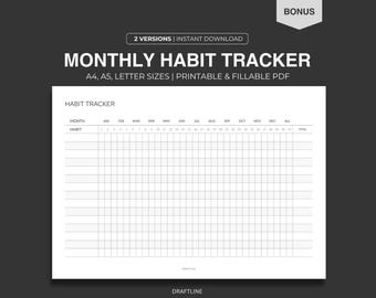 Rastreador de hábitos mensual imprimible: tamaños A4, A5 y Carta (PDF rellenable)