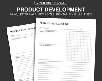 Planificador de desarrollo de producto imprimible: Lanzamiento de nuevo producto, planificación empresarial (PDF tamaño A4/A5/Carta/Media carta)