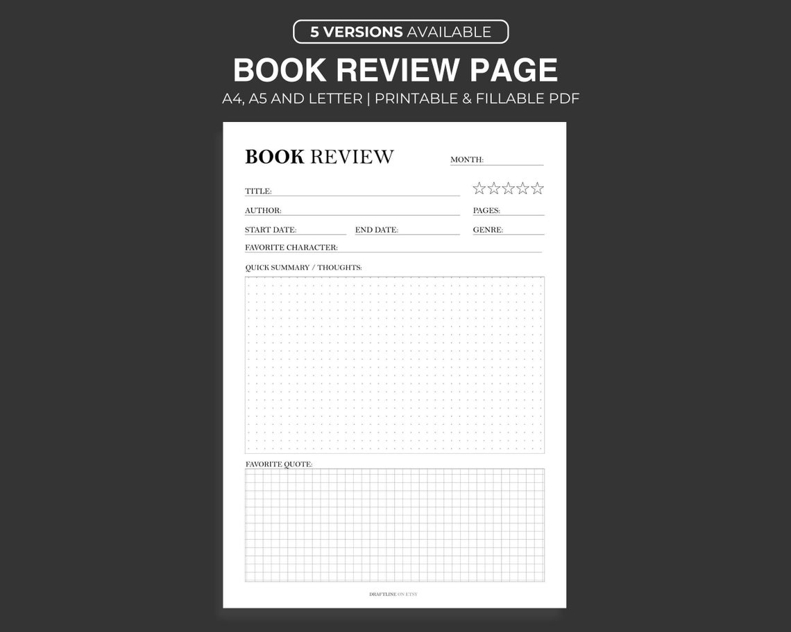 Book Review Page Inserts Printable PDF 5 Unique Fillable, Editable ...