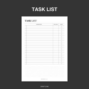 Op de afbeelding: Een zwart-witte printbare takenlijst met de titel "TASK LIST" bovenaan. De lijst heeft kolommen voor taakbeschrijving, vervaldatum en een selectievakje voor voltooiing.