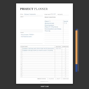 Op de afbeelding: Een projectplanner met de titel "Nexus Innovate" en een startdatum van 07/07. De planner bevat projectmijlpalen, actiestappen, vervaldagen en een checklist voor voltooide taken. De doelen zijn om meer dan 7.000 samenwerkingen te faciliteren.