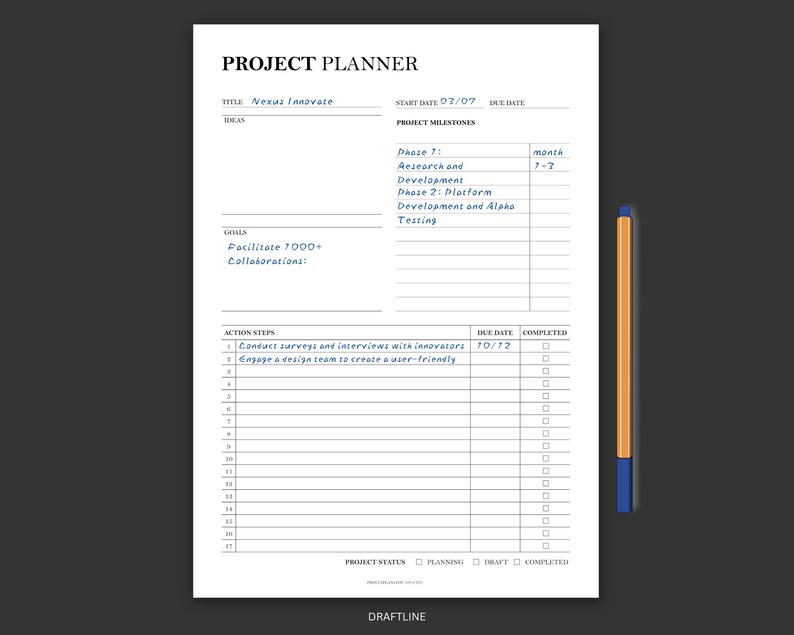 Op de afbeelding: Een projectplanner met de titel "Nexus Innovate" en een startdatum van 07/07. De planner bevat projectmijlpalen, actiestappen, vervaldagen en een checklist voor voltooide taken. De doelen zijn om meer dan 7.000 samenwerkingen te faciliteren.