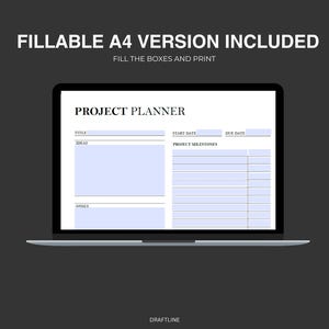 Op de afbeelding: Een laptopscherm met een projectplanner-sjabloon met secties voor titel, idee&euml;n, doelen, startdatum, einddatum en projectmijlpalen.
