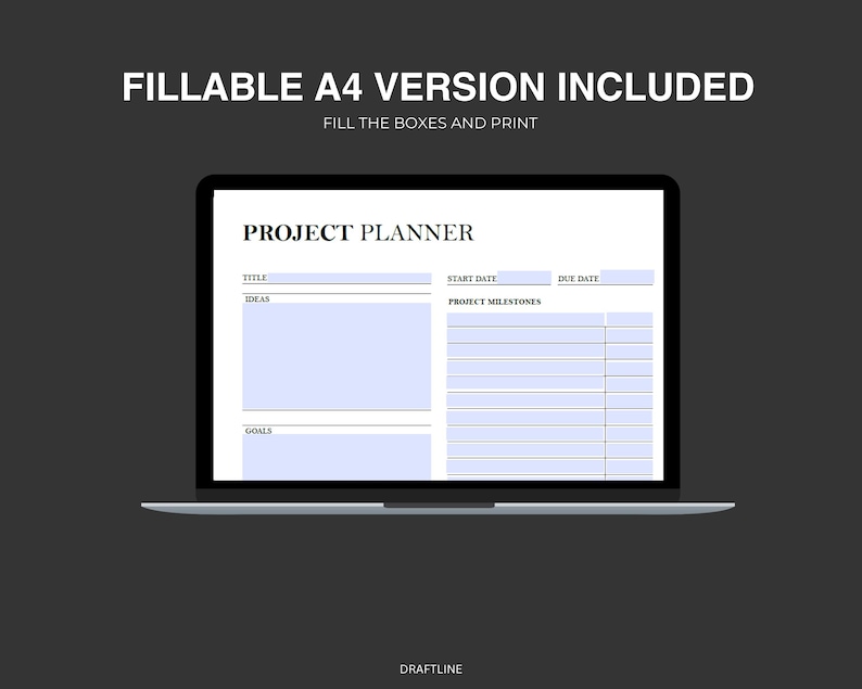 Op de afbeelding: Een laptopscherm met een projectplanner-sjabloon met secties voor titel, idee&euml;n, doelen, startdatum, einddatum en projectmijlpalen.