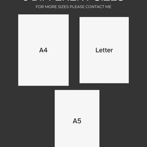 Op de afbeelding: Een grafiek met drie verschillende papierformaten: A4, Letter en A5. De tekst "3 VERSCHILLENDE FORMATEN" staat bovenaan de afbeelding, en de tekst "VOOR MEER FORMATEN NEEM CONTACT MET ME OP" staat eronder. De tekst "DRAFTLINE" staat onderaan de afbeelding.