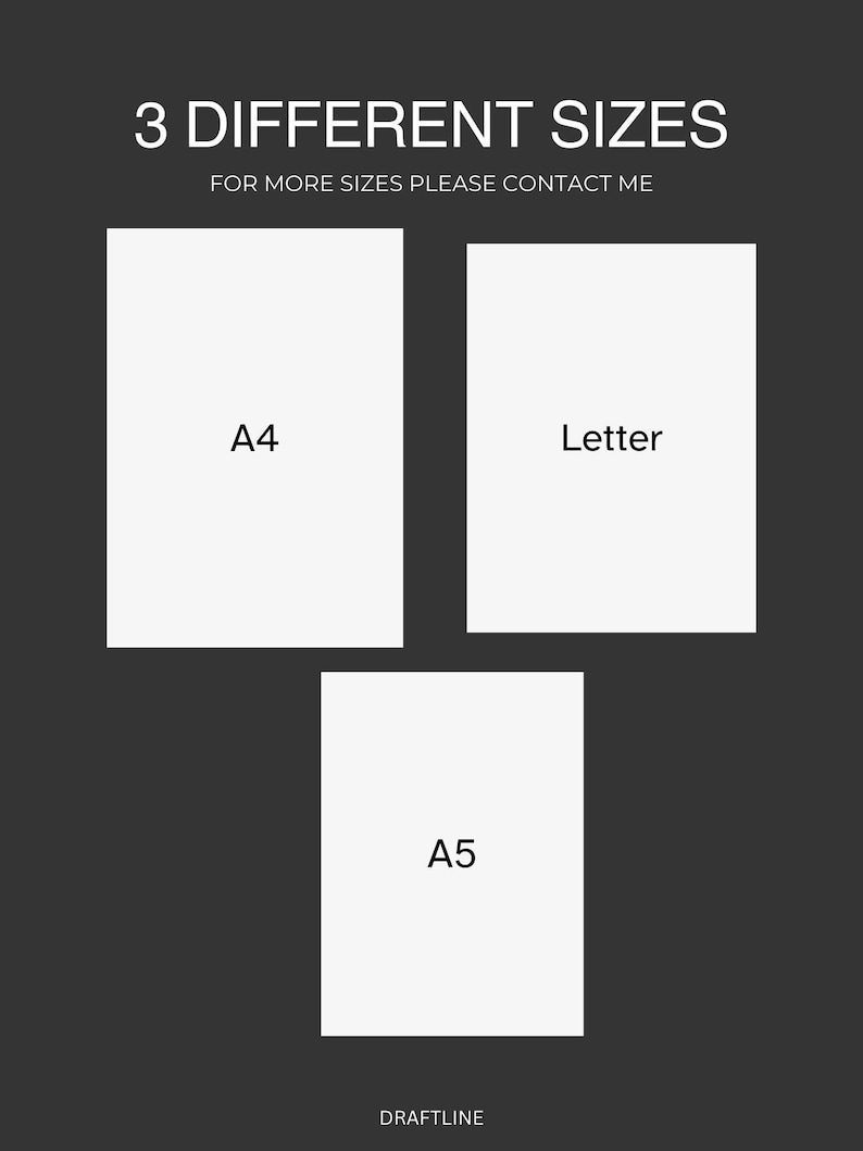 Op de afbeelding: Een grafiek met drie verschillende papierformaten: A4, Letter en A5. De tekst "3 VERSCHILLENDE FORMATEN" staat bovenaan de afbeelding, en de tekst "VOOR MEER FORMATEN NEEM CONTACT MET ME OP" staat eronder. De tekst "DRAFTLINE" staat onderaan de afbeelding.