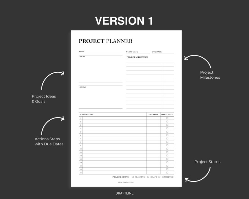 Op de afbeelding: Een zwart-witte printbare projectplanner met secties voor projectidee&euml;n en -doelen, projectmijlpalen, actiestappen met vervaldatums en projectstatus. De planner bevat velden voor titel, startdatum, vervaldatum en projectstatus.