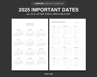 Fechas importantes de 2025 imprimibles: PDF rellenable, tamaño A4/Carta
