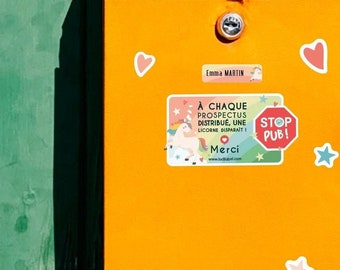 Kit STOP PUB Licorne, Étiquettes autocollantes et Nominatives pour Personnaliser la Boîte aux lettres