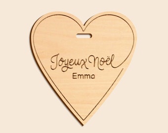 Festive wooden “Heart” tree ornament with engraved first name, wooden Christmas suspension, tree ornament, Christmas decoration