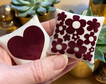 Miniature cushion, dollhouse miniature pillow, flower, heart, dots and zigzag pattern cushions.