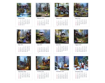 Miniature WallCalendar for dollhouse, with or without year 2024, Miniature FantasyArt Calendar, dollhouse scale 1/12th.