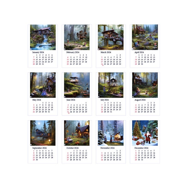 Miniature WallCalendar for dollhouse, with or without year 2024, Miniature FantasyArt Calendar, dollhouse scale 1/12th.