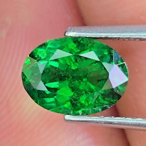May include: An oval-cut, vibrant green gemstone held by tweezers. The gem displays multiple facets, reflecting light and creating a sparkling effect. The intense color and cut suggest a high-quality emerald or similar precious stone.