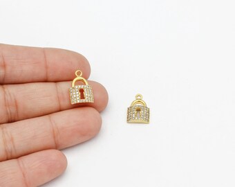 24k Gold Plated Lock Charm, CZ Lock Pendant, Cubic Zirconia Padlock Jewelry, Micro Pave Lock Necklace, Necklace Pendant, 1Pcs, ZR-129