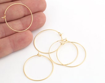 30mm 24k Gold Plated Earring Hoops, Pendientes circulares, Hallazgos de pendientes chapados en oro, Alambre para los oídos, Fabricación de joyas, 6 piezas