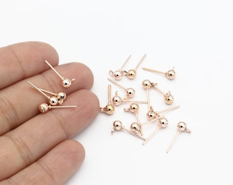 4mm Rose Gold Plated Ball Earrings, Stainless Steel Earrings, Ball Stud Earrings, Earring Post, Earrings Findings, 4 Pcs, CP-68