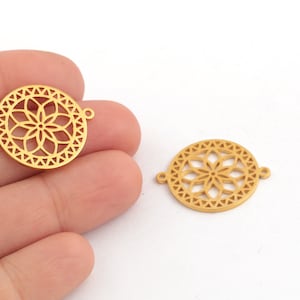 24k Gold Plated Flower of Life Pendant, Flower Bracelet, Two Hole Round Bracelet Charm, Gold Plated Flower Jewelry, 20x25mm, 1Pcs, AL-770