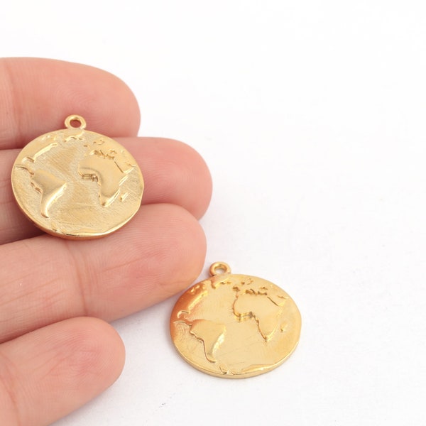 24k Gold Plated World Pendant, Map Jewelry, Earth Globe Pendant, Gold Plated World Map Charms, World Medallion, 19x22mm, 1Pcs, AL-438