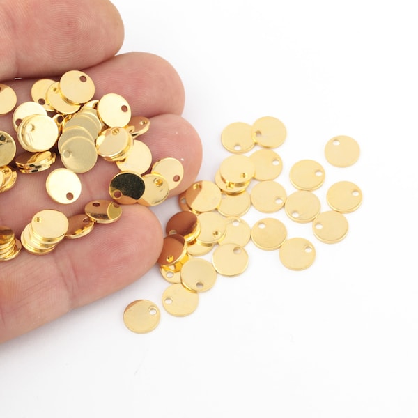 8mm 24k Gold Plated Circle Charms, 1 Hole Stamping Tag, Gold Plated Disc Jewelry, Coins Charms, Personalized Disc Charms, 10 Pcs,  AL-20