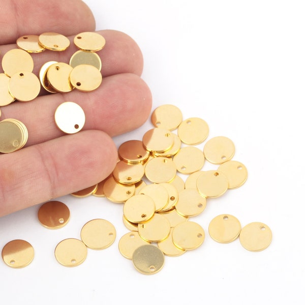 10mm 24k Gold Plated Circle Charms, 1 Hole Stamping Tag, Gold Plated Disc Jewelry, Coins Charms, Personalized Disc Charms, 10 Pcs,  AL-21