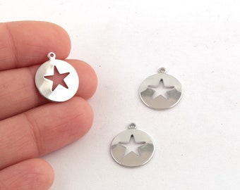 Rhodium Plated Star Charms, Round Star Pendant, Rhodium Star Earrings, Round Star Medallion, Necklace Findings, 14x16mm, 3Pcs, SL-83