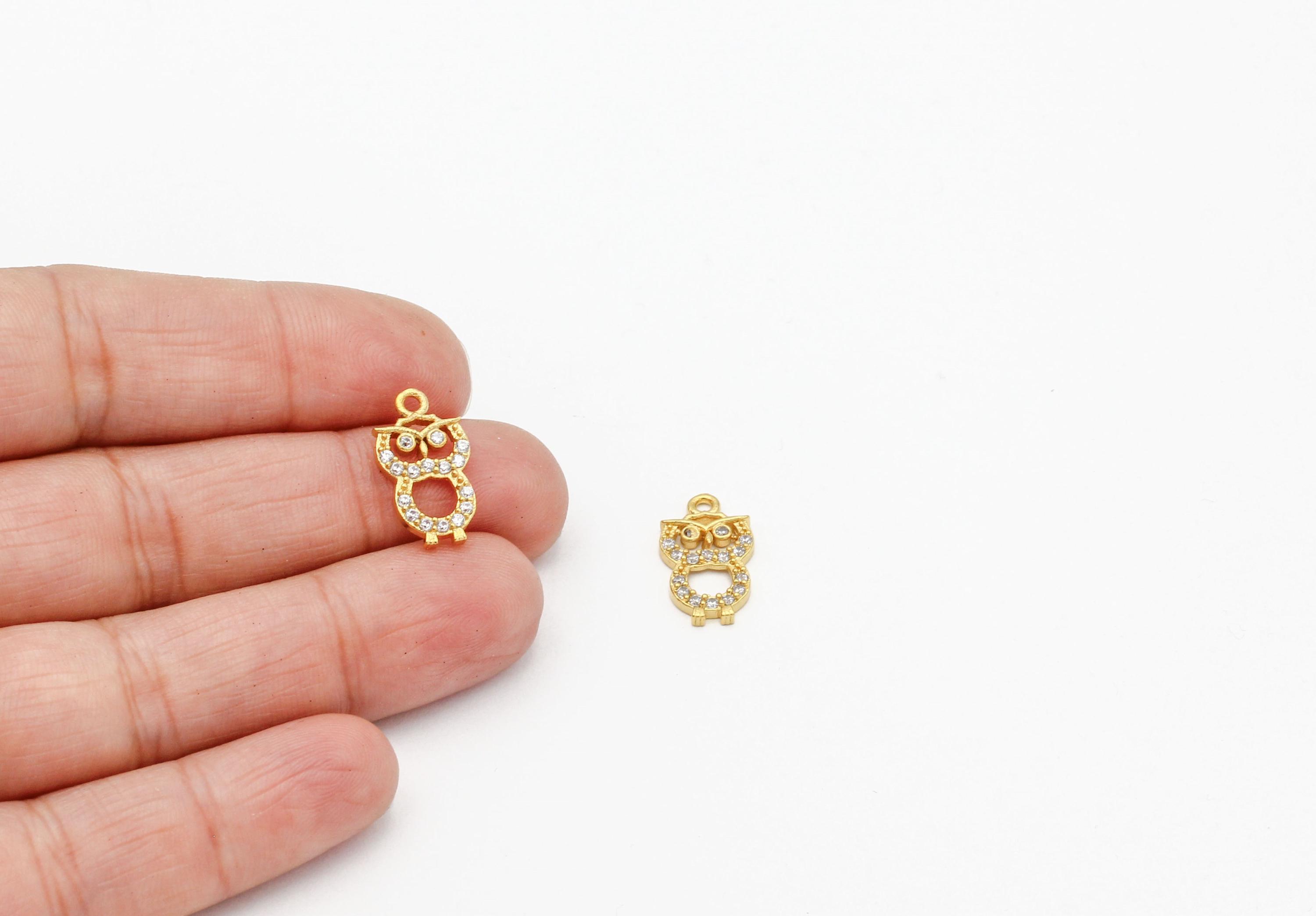 24k Gold Plated Owl Pendant, CZ Owl Charms, Cubic Zirconia Animal Jewelry, Tiny Owl Earrings, Neckla