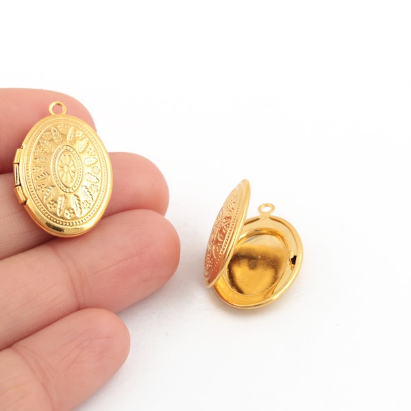 24k Shiny Gold Plated Oval Locket Charms, Necklace Photo Locket, Locket Medallion, Personalized Locket Jewelry, 16x24mm, 1 Pcs, AL-626