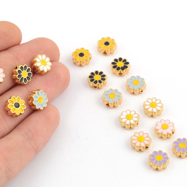 24k Gold Plated Enamel Daisy Beads, Gold Plated Daisy Spacer Beads, Daisy Bracelet Beads, Enamel Daisy Connector, 9.5mm, 1Pcs, AL-166