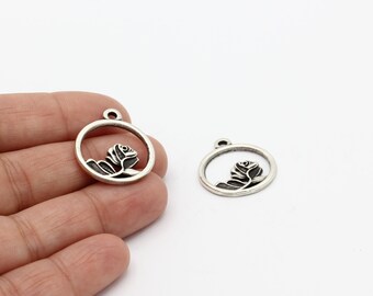 Antique Silver Flower Charm, Flower Medallion, Round Flower Charm,  Antique Flower Jewelry, Necklace Pendant, 20x24mm, 1Pcs, AN-12