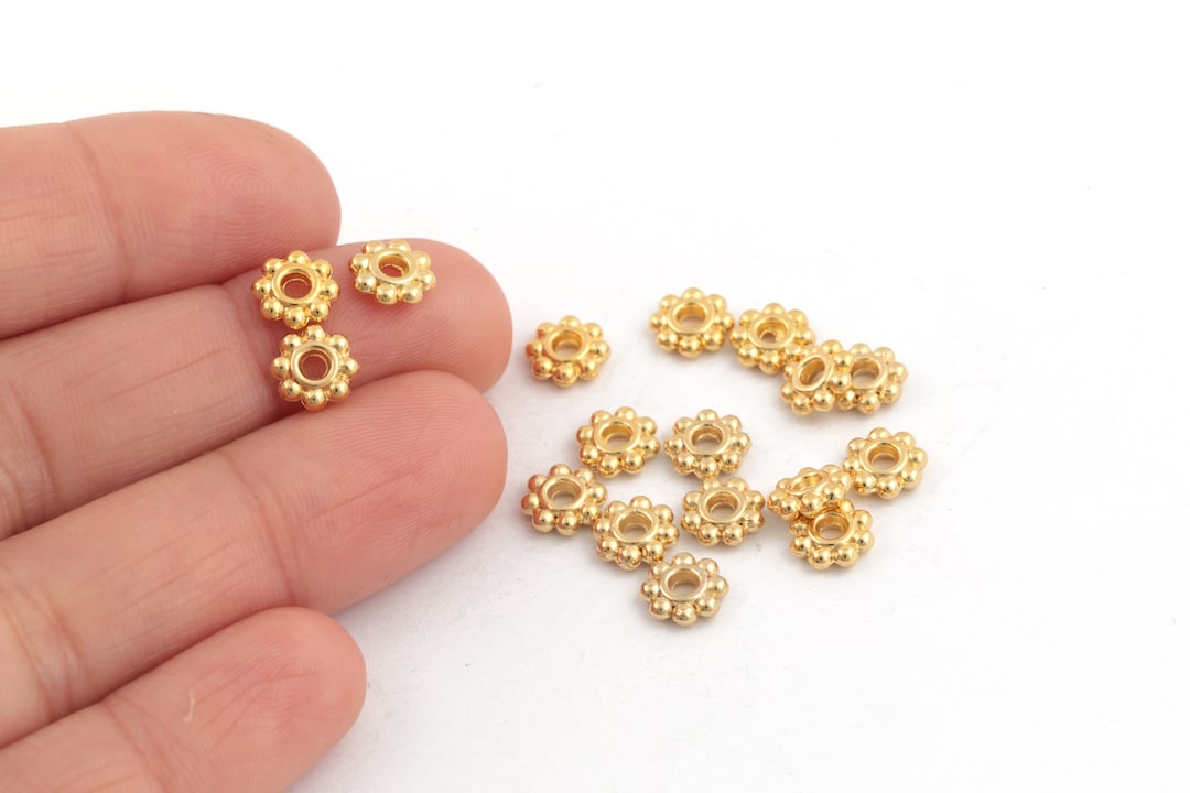 24k Shiny Gold Plated Flower Beads, Round Spacer Beads, Gold Plated