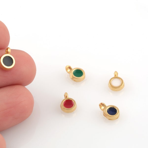 24k Gold Plated Enamel Round Pendant, Tiny Enamel Round Charms, Colored Round Jewelry, Enamel Circle Bracelet, 6x9mm, 2Pcs, AL-878