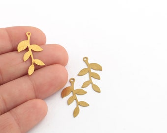 Raw Brass Olive Branch Pendant, Brass Leaf Charm, Olive Branch Jewelry, Raw Brass Leaf Earring, Jewelry Supplies, 14x26mm, 6Pcs, RAW-267