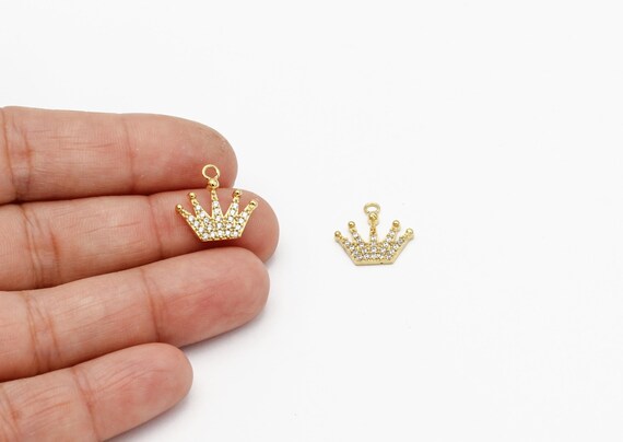24k Gold Plated Crown Charms, CZ Crown Pendant, Cubic Zirconia