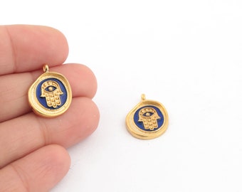 24k Gold Plated Hamsa Charms, Enamel Fatma's Hand Pendant, Coin Hand Charm, Hamsa Medallion, Fatima Hand Charms, 15x18mm, 1Pcs, AL-420