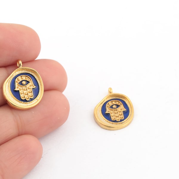 24k Gold Plated Hamsa Charms, Enamel Fatma's Hand Pendant, Coin Hand Charm, Hamsa Medallion, Fatima Hand Charms, 15x18mm, 1Pcs, AL-420