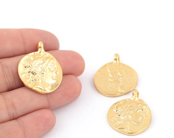 24k Gold Plated Greek Coins, Ancient Greek Coin Medallion, Antique Egypt Necklace, Gold Plated Greek Jewelry, 22x28mm, 1Pcs, AL-385